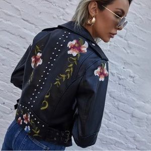 Embroidered Floral faux leather jacket S